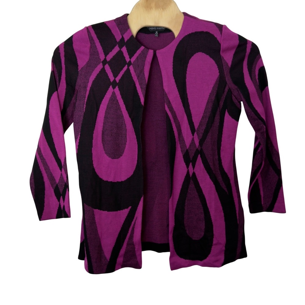 Ming Wang Abstract Geometric Cardigan Sweater Blazer Size M Fuchsia Black Office